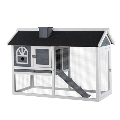 PawHut Rabbit Hutch and Run Guinea Pig Hutch Wooden Bunny Cage for Outdoor Indoor with Pull Out Tray Run Asphalt Roof Grey 120 x 60 x 79 cm - Baig Merchant