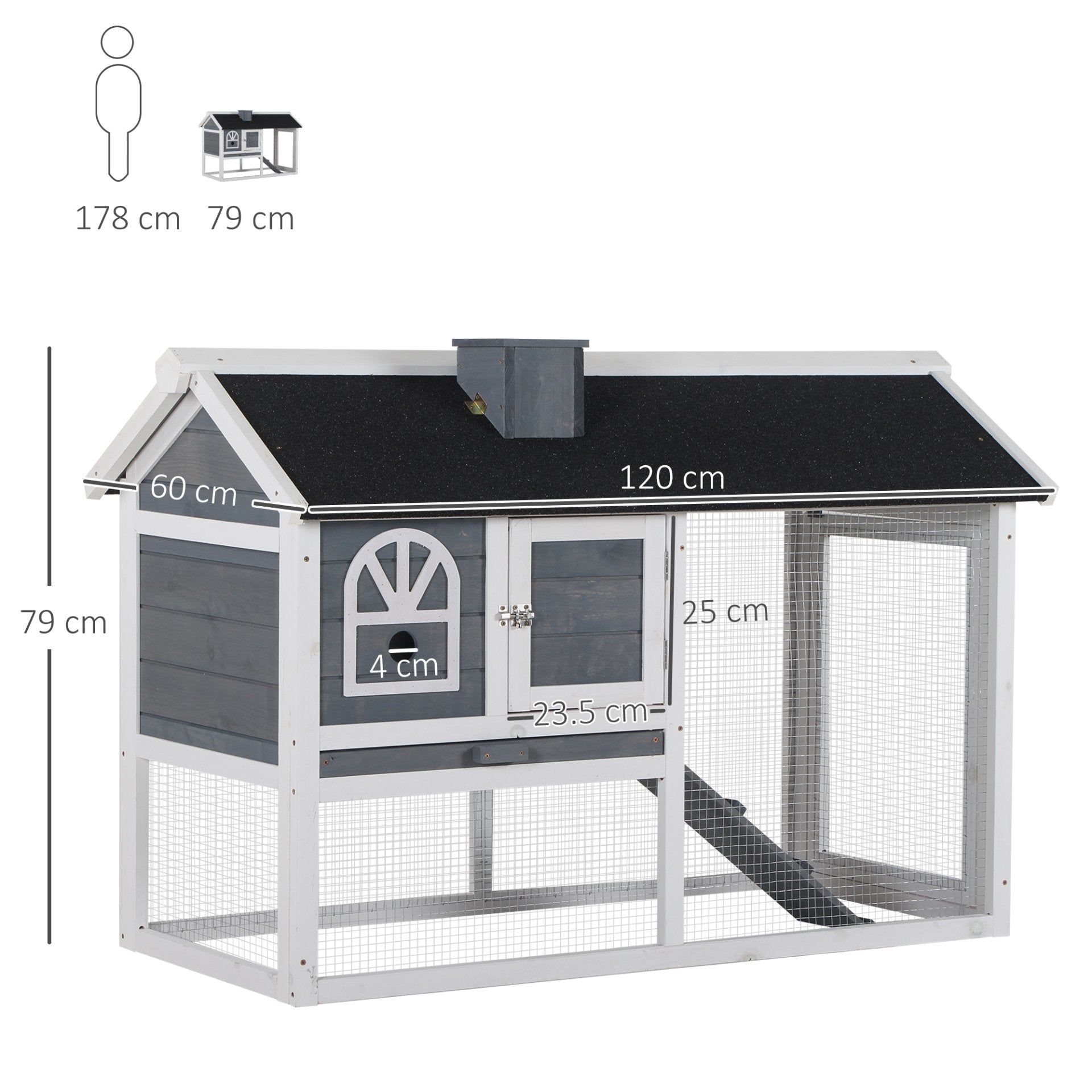 PawHut Rabbit Hutch and Run Guinea Pig Hutch Wooden Bunny Cage for Outdoor Indoor with Pull Out Tray Run Asphalt Roof Grey 120 x 60 x 79 cm - Baig Merchant