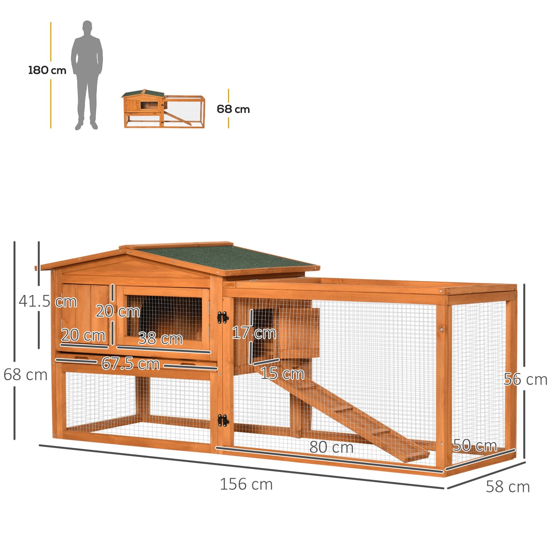 PawHut Rabbit Hutch and Run Outdoor Bunny Cage Wooden Guinea Pig Hide House with Sliding Tray, Hay Rack, Ramp, 156 x 58 x 68cm - Baig Merchant