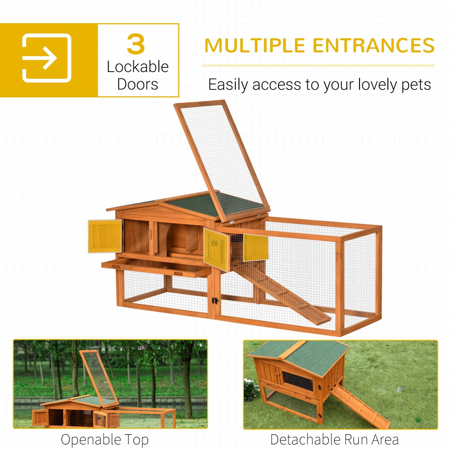 PawHut Rabbit Hutch and Run Outdoor Bunny Cage Wooden Guinea Pig Hide House with Sliding Tray, Hay Rack, Ramp, 156 x 58 x 68cm - Baig Merchant