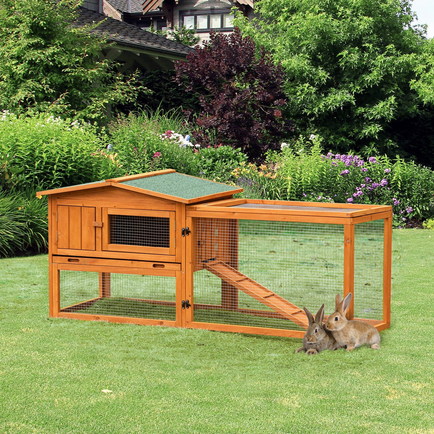 PawHut Rabbit Hutch and Run Outdoor Bunny Cage Wooden Guinea Pig Hide House with Sliding Tray, Hay Rack, Ramp, 156 x 58 x 68cm - Baig Merchant