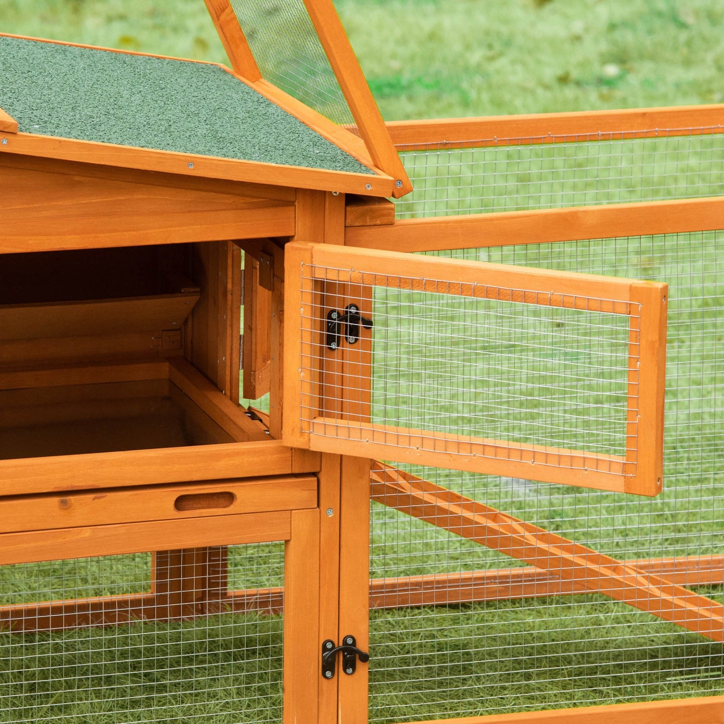 PawHut Rabbit Hutch and Run Outdoor Bunny Cage Wooden Guinea Pig Hide House with Sliding Tray, Hay Rack, Ramp, 156 x 58 x 68cm - Baig Merchant