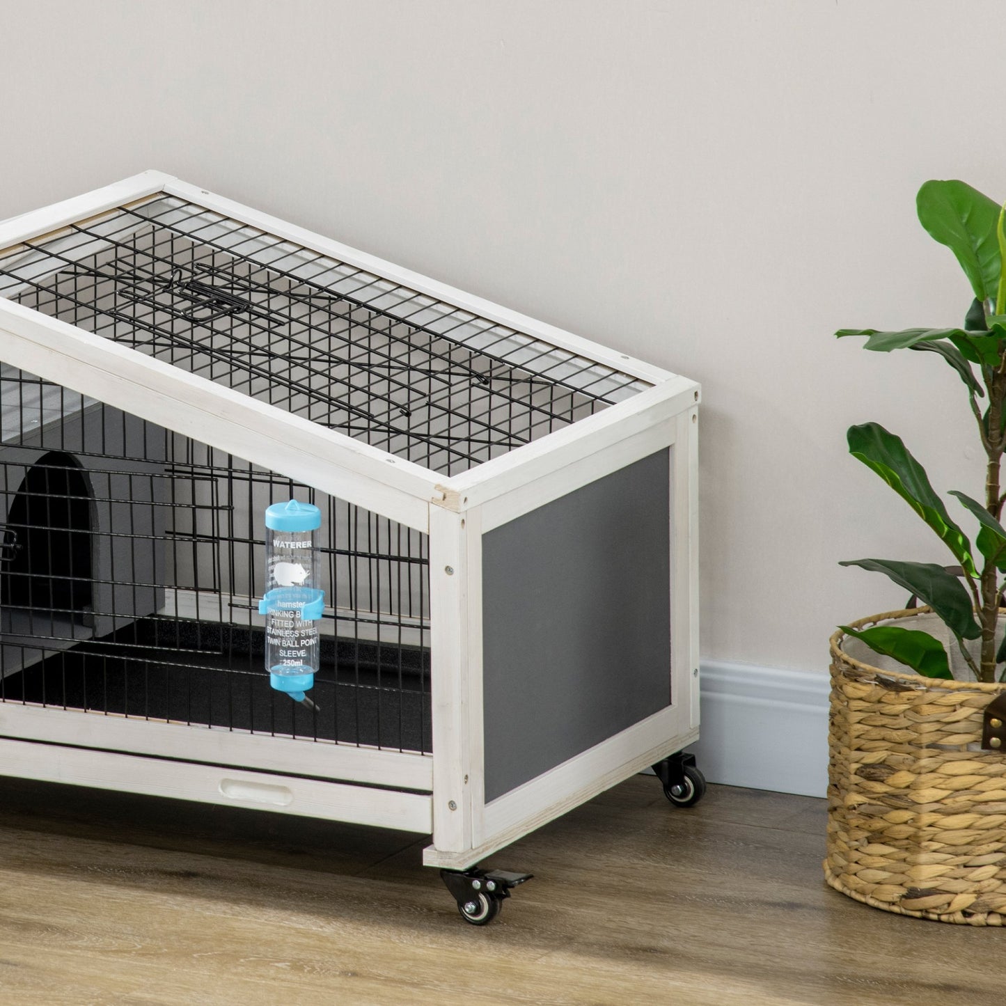 PawHut Rabbit Hutch, Guinea Pig Cage, Small Animal House Bunny Run w/ Water Bottle, Wheels, Plastic Slide - Out Tray, for Indoors - Dark Grey - Baig Merchant