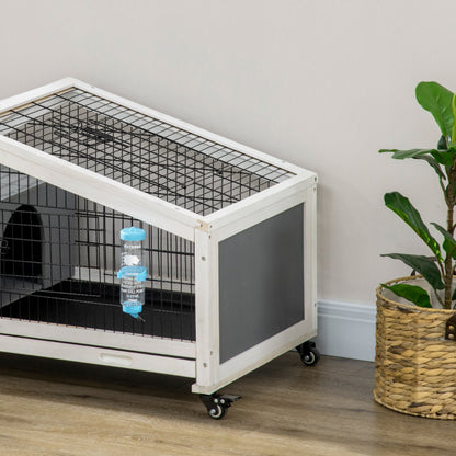 PawHut Rabbit Hutch, Guinea Pig Cage, Small Animal House Bunny Run w/ Water Bottle, Wheels, Plastic Slide - Out Tray, for Indoors - Dark Grey - Baig Merchant