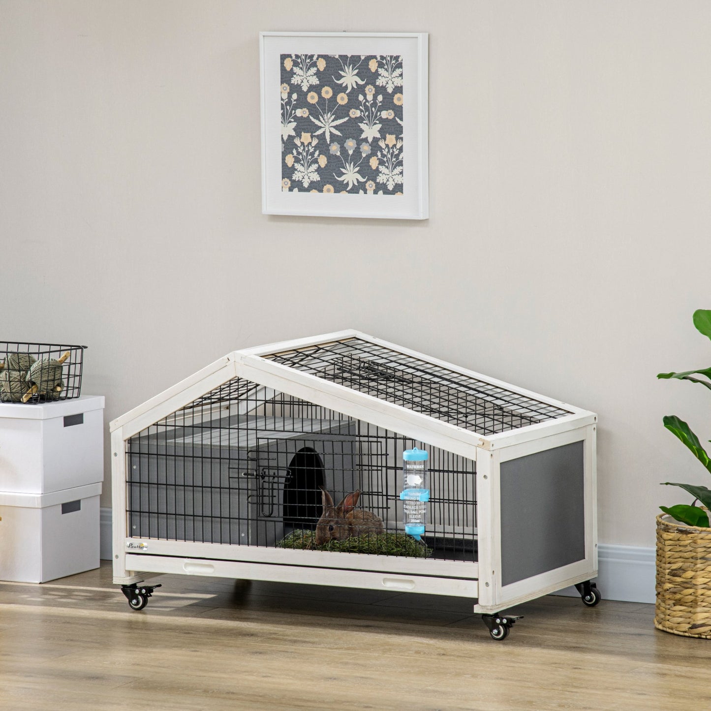 PawHut Rabbit Hutch, Guinea Pig Cage, Small Animal House Bunny Run w/ Water Bottle, Wheels, Plastic Slide - Out Tray, for Indoors - Dark Grey - Baig Merchant