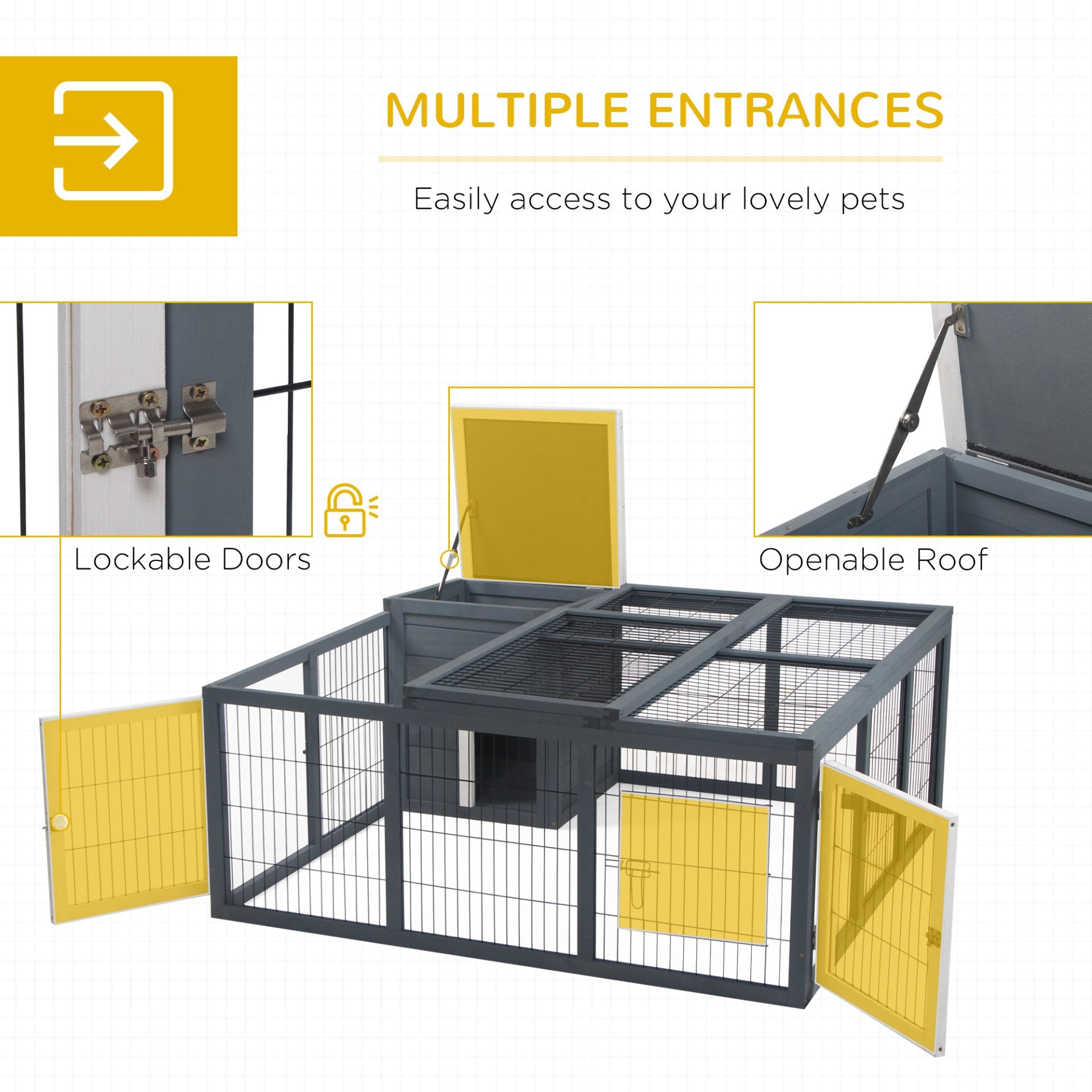 PawHut Rabbit Hutch Guinea Pig Run House Small Animal Bunny Cage Duck House Hideaway Chinchilla Cage Outdoor Indoor with Openable Roof Grey 123x120x52cm - Baig Merchant