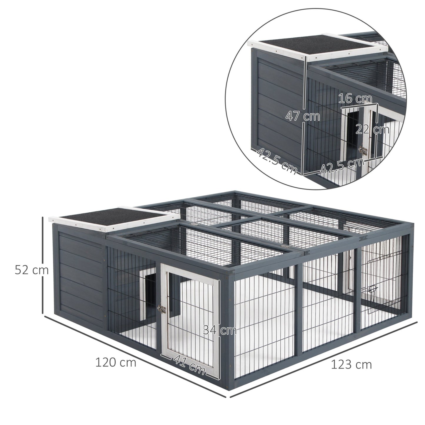 PawHut Rabbit Hutch Guinea Pig Run House Small Animal Bunny Cage Duck House Hideaway Chinchilla Cage Outdoor Indoor with Openable Roof Grey 123x120x52cm - Baig Merchant