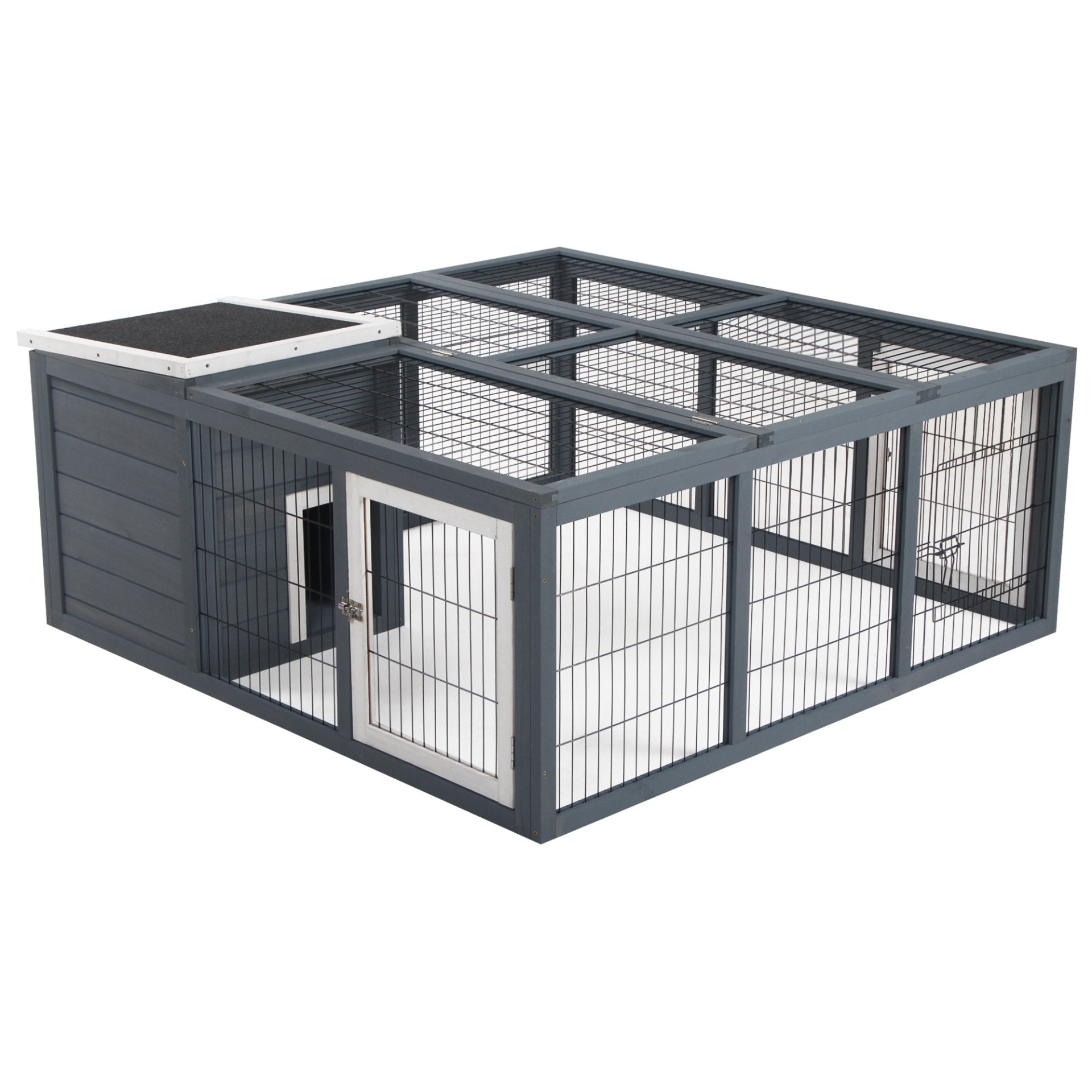 PawHut Rabbit Hutch Guinea Pig Run House Small Animal Bunny Cage Duck House Hideaway Chinchilla Cage Outdoor Indoor with Openable Roof Grey 123x120x52cm - Baig Merchant