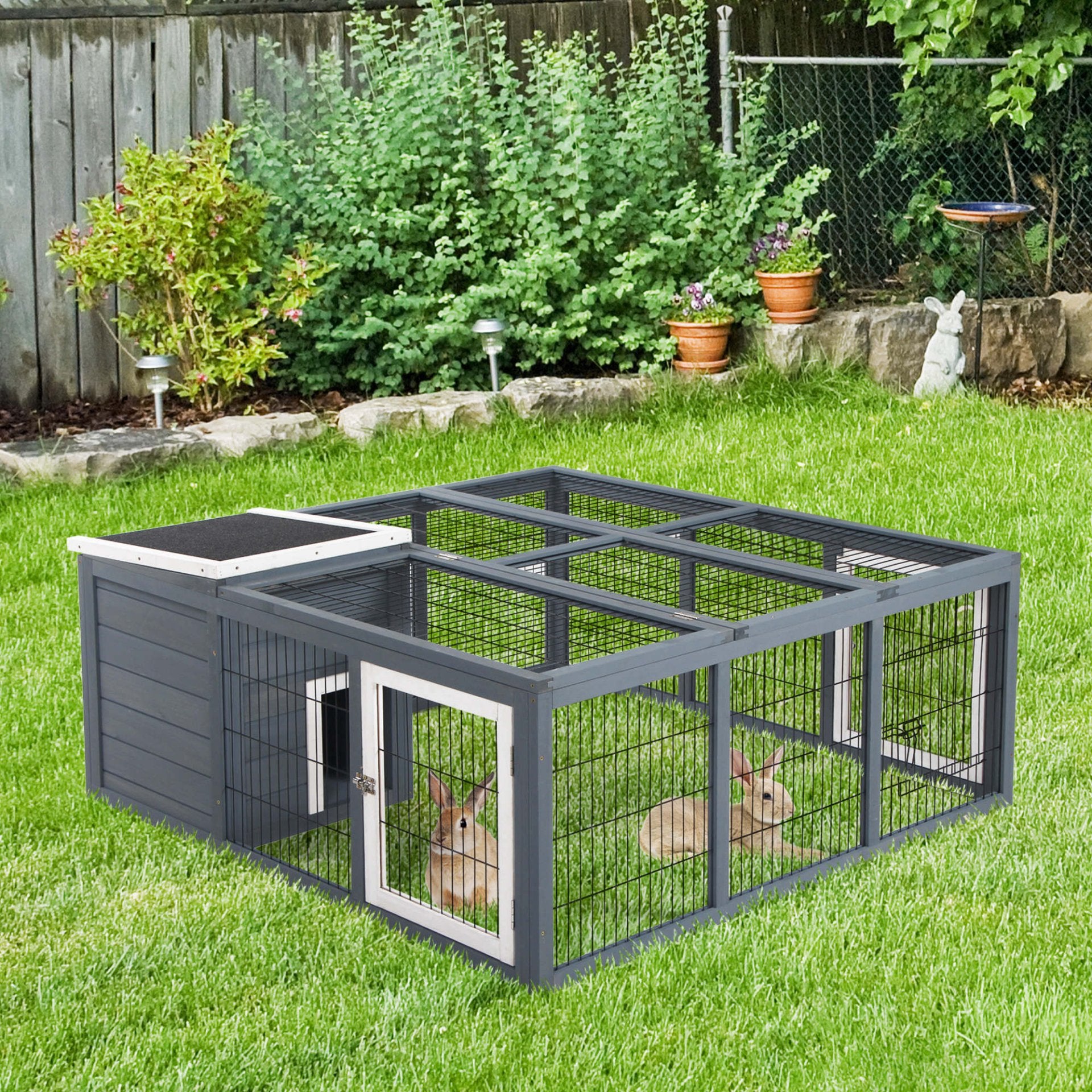 PawHut Rabbit Hutch Guinea Pig Run House Small Animal Bunny Cage Duck House Hideaway Chinchilla Cage Outdoor Indoor with Openable Roof Grey 123x120x52cm - Baig Merchant