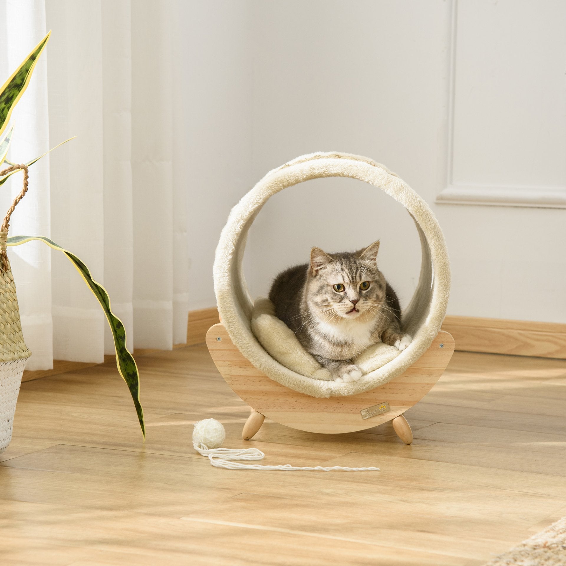 PawHut Raised Cat House Kitten Bed Pet Shelter Wrapped with Scratcher Soft Cushion, 41 x 38 x 43 cm, Beige - Baig Merchant