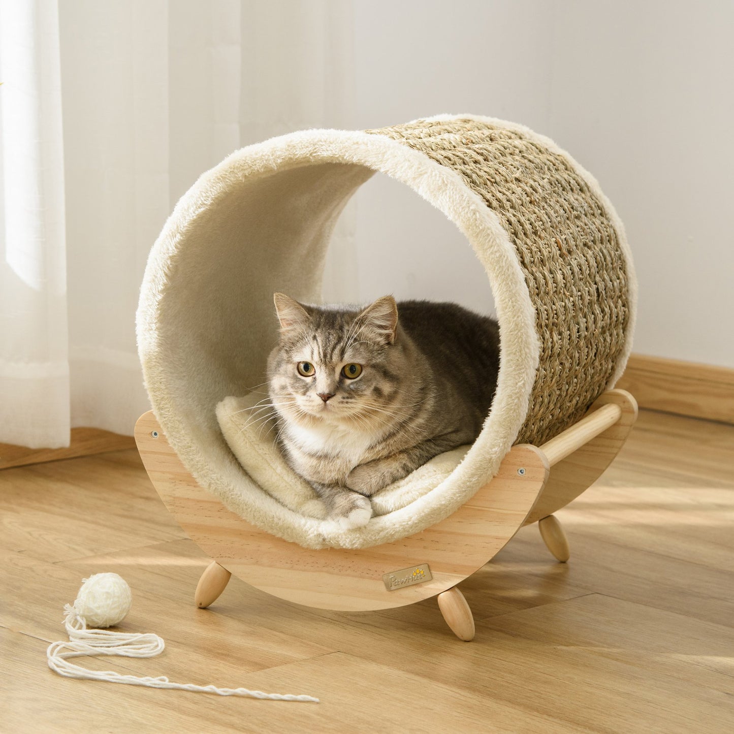 PawHut Raised Cat House Kitten Bed Pet Shelter Wrapped with Scratcher Soft Cushion, 41 x 38 x 43 cm, Beige - Baig Merchant