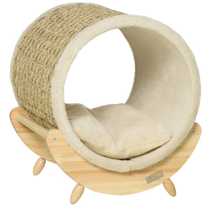 PawHut Raised Cat House Kitten Bed Pet Shelter Wrapped with Scratcher Soft Cushion, 41 x 38 x 43 cm, Beige - Baig Merchant