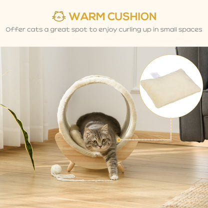 PawHut Raised Cat House Kitten Bed Pet Shelter Wrapped with Scratcher Soft Cushion, 41 x 38 x 43 cm, Beige - Baig Merchant