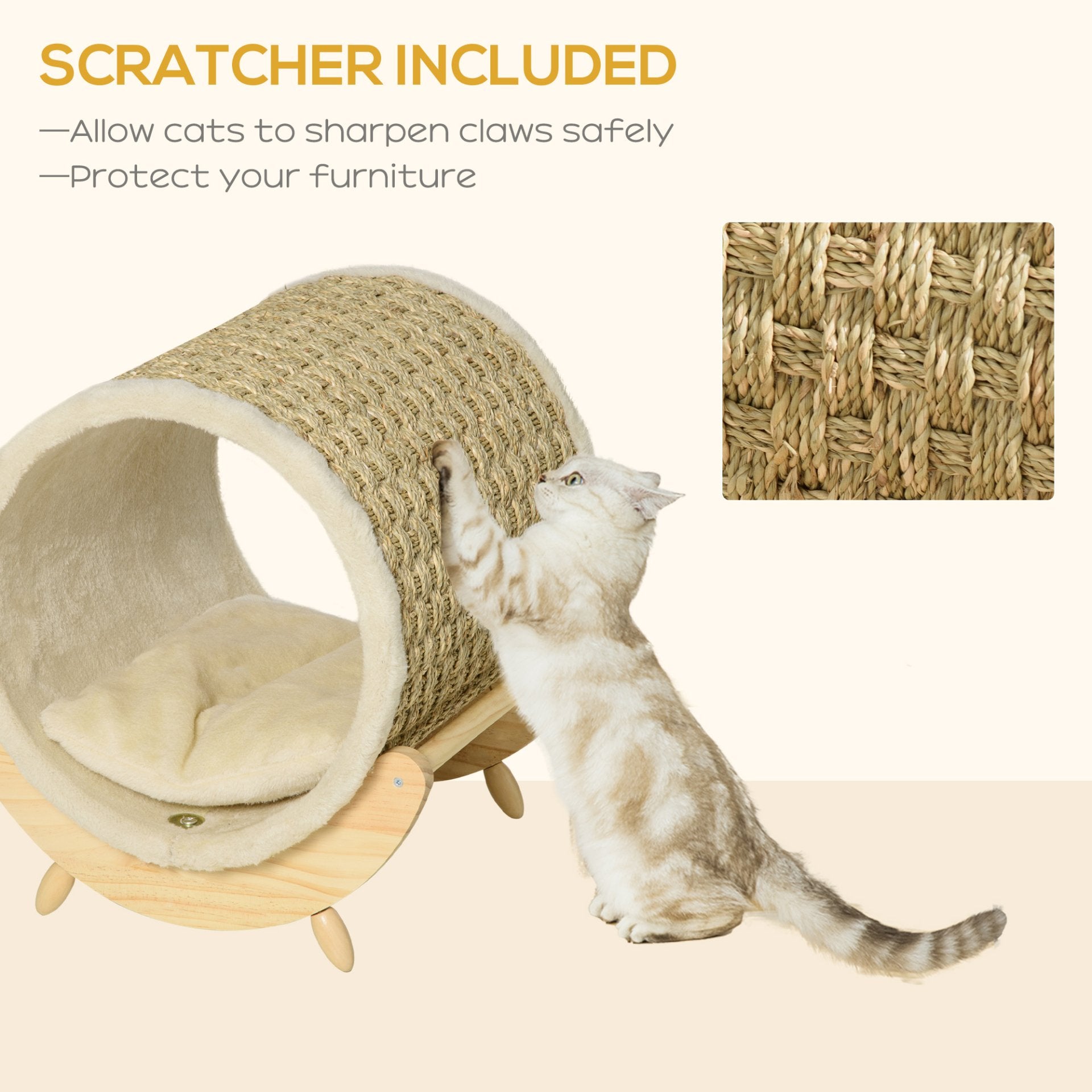 PawHut Raised Cat House Kitten Bed Pet Shelter Wrapped with Scratcher Soft Cushion, 41 x 38 x 43 cm, Beige - Baig Merchant