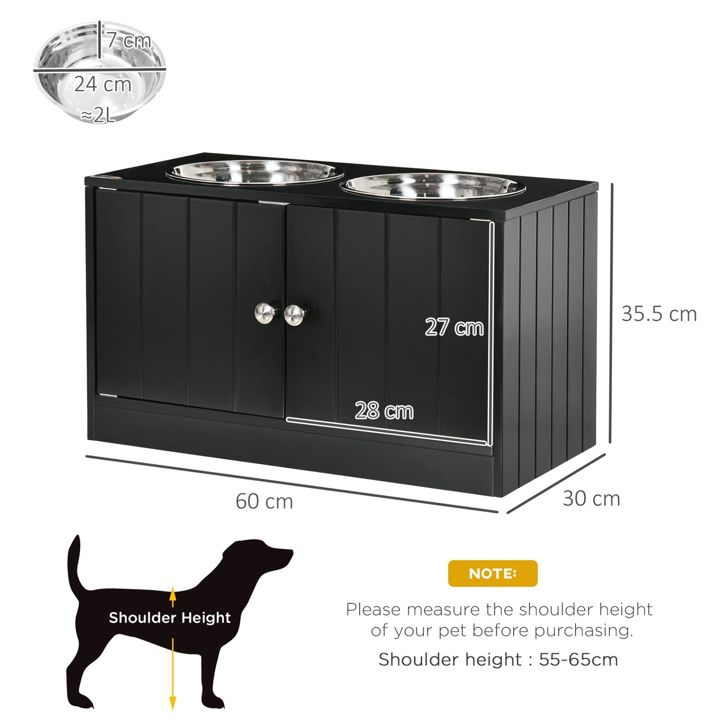 PawHut Raised Dog Bowls for Large Dogs Pet Feeding Station w/ Stand, Storage, Two Stainless Steel Bowls - Black - Baig Merchant