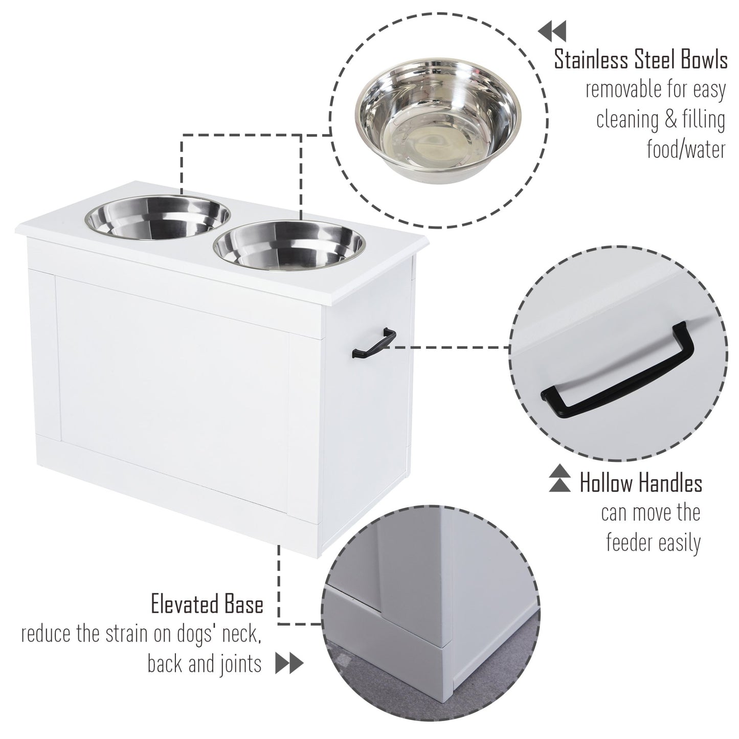 PawHut Raised Dog Bowls Pet Feeding Storage Station with 2 Stainless Steel Bowls Base for Large Dogs and Other Large Pets, White - Baig Merchant