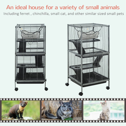 PawHut Small Animal Cage with Wheels Pet Home for Chinchillas Ferrets Kittens, with Hammock, 4 Platforms, Removable Tray - Baig Merchant