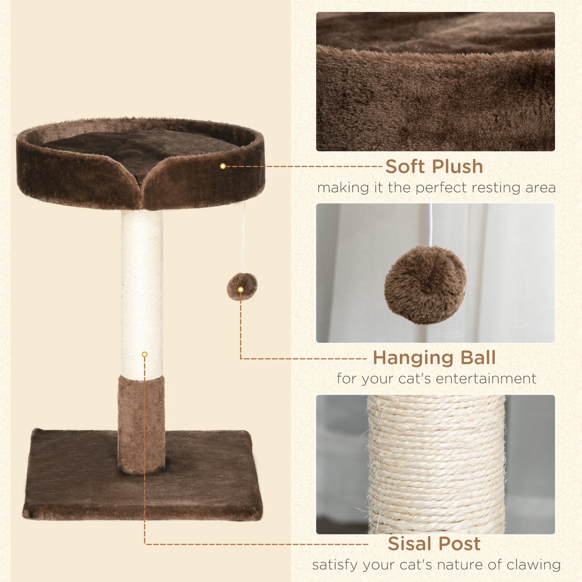 PawHut Small Cat Tree for Indoor Cats with Sisal Scratching Post Kitten Bed Cushion Ball Toy, Brown, 45x45x70 cm - Baig Merchant