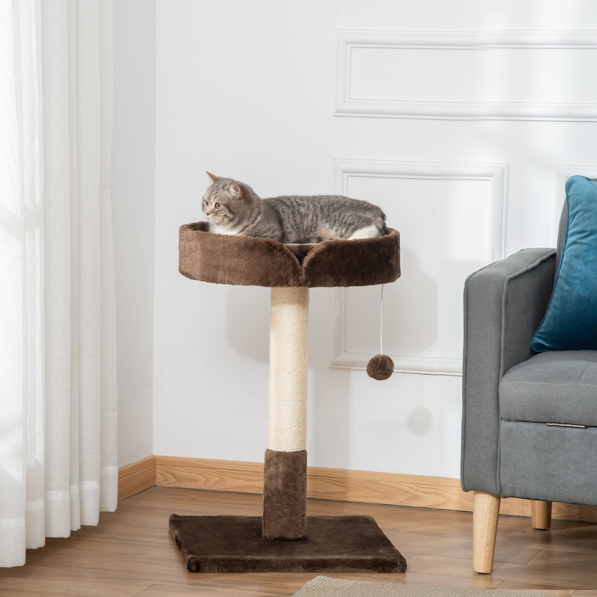 PawHut Small Cat Tree for Indoor Cats with Sisal Scratching Post Kitten Bed Cushion Ball Toy, Brown, 45x45x70 cm - Baig Merchant