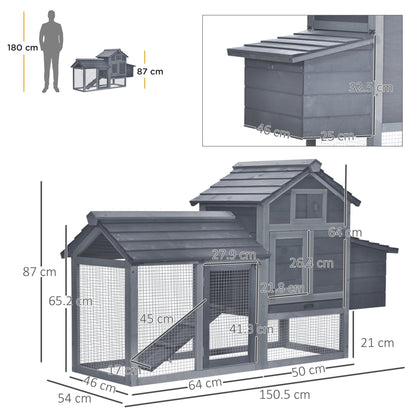 PawHut Small Chicken Coop with Run Hen House Poultry Coops Cages Nesting Box Grey 150.5 x 54 x 87cm - Baig Merchant