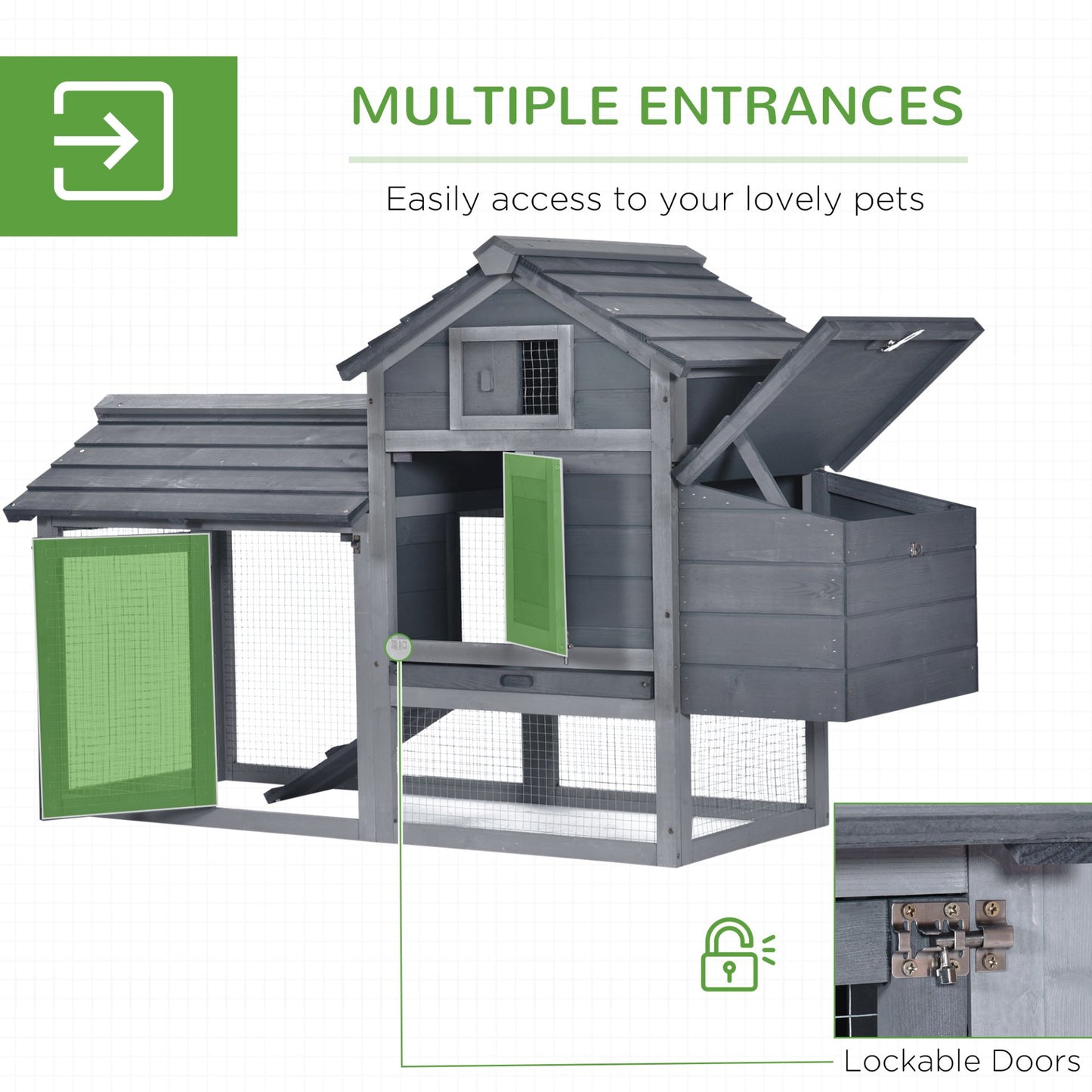 PawHut Small Chicken Coop with Run Hen House Poultry Coops Cages Nesting Box Grey 150.5 x 54 x 87cm - Baig Merchant