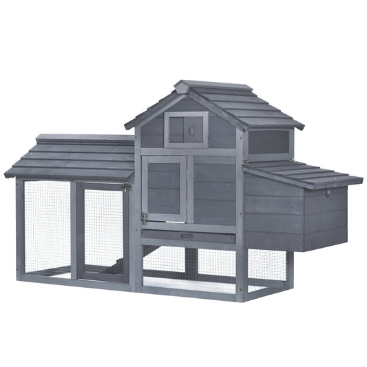 PawHut Small Chicken Coop with Run Hen House Poultry Coops Cages Nesting Box Grey 150.5 x 54 x 87cm - Baig Merchant