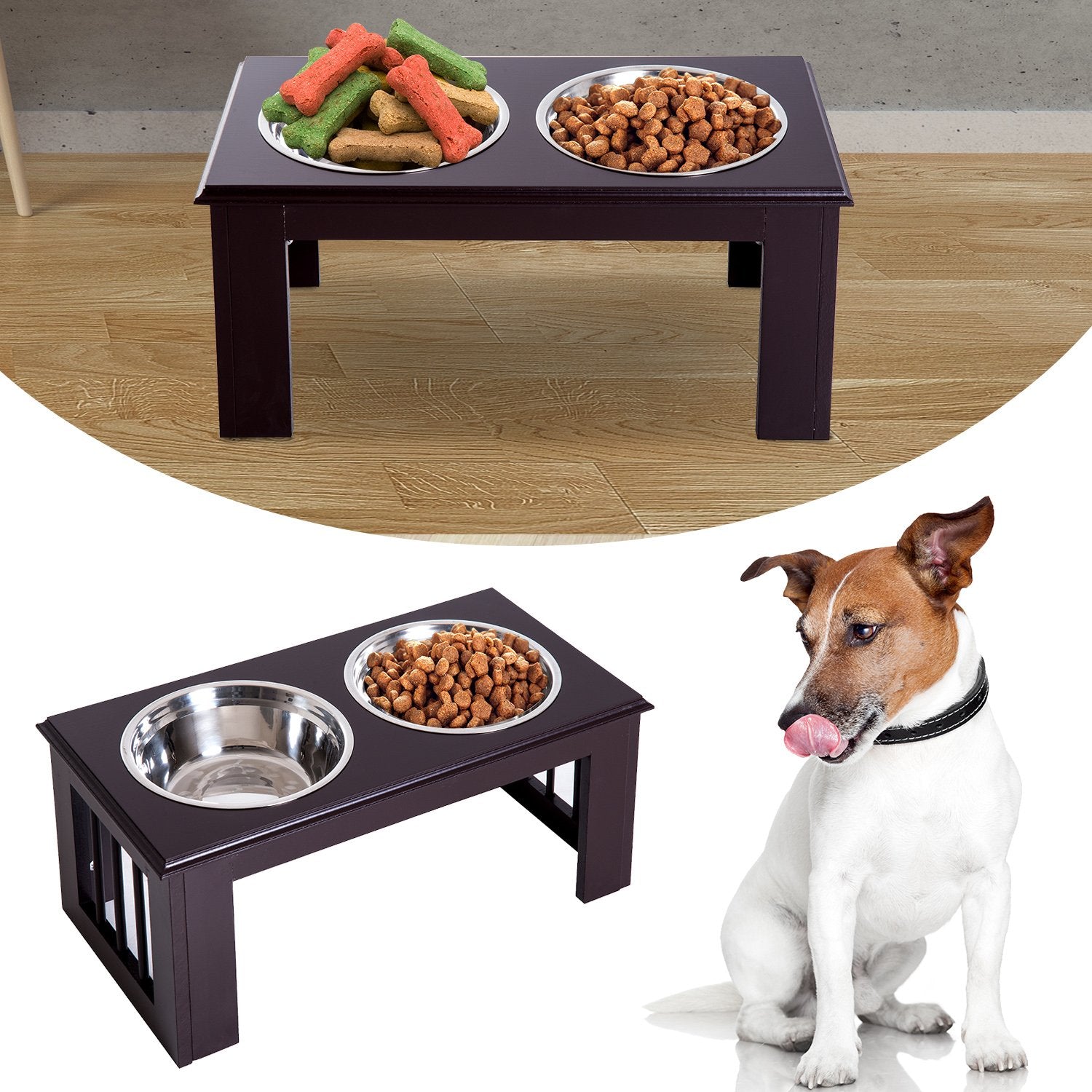 PawHut Stainless Steel Raised Dog Feeding Bowls with Stand for Small Medium Dogs Elevated Twin Pet Bowls Water Food Feeder 58.4L x 30.5W x 25.4H cm - Brown - Baig Merchant