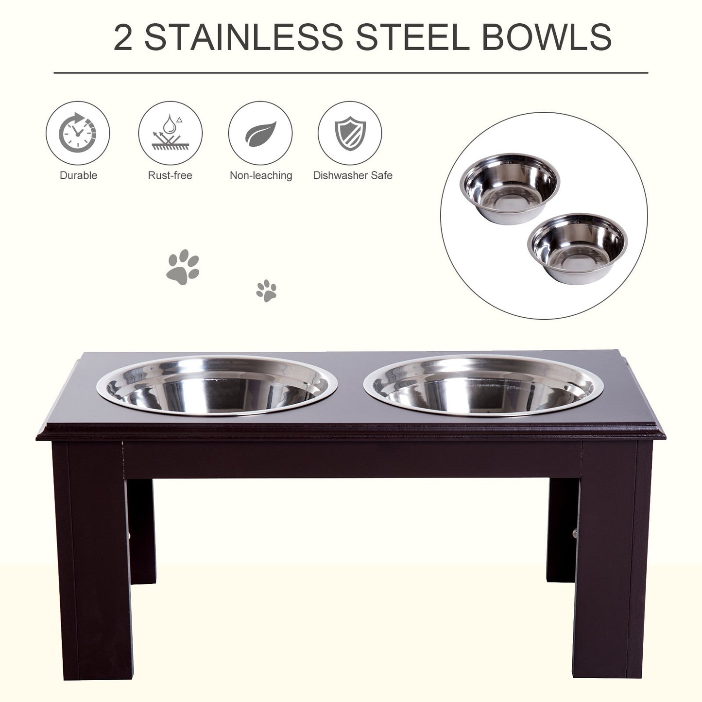 PawHut Stainless Steel Raised Dog Feeding Bowls with Stand for Small Medium Dogs Elevated Twin Pet Bowls Water Food Feeder 58.4L x 30.5W x 25.4H cm - Brown - Baig Merchant