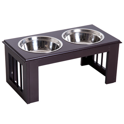 PawHut Stainless Steel Raised Dog Feeding Bowls with Stand for Small Medium Dogs Elevated Twin Pet Bowls Water Food Feeder 58.4L x 30.5W x 25.4H cm - Brown - Baig Merchant