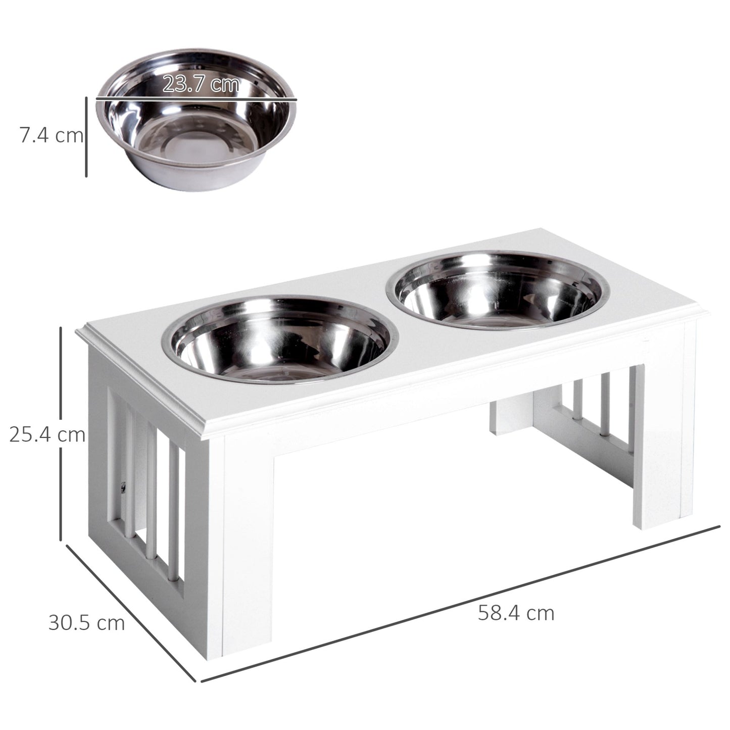 PawHut Stainless Steel Raised Dog Feeding Bowls with Stand for Small Medium Dogs Elevated Twin Pet Bowls Water Food Feeder 58.4L x 30.5W x 25.4H cm - White - Baig Merchant