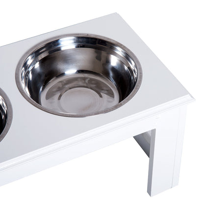 PawHut Stainless Steel Raised Dog Feeding Bowls with Stand for Small Medium Dogs Elevated Twin Pet Bowls Water Food Feeder 58.4L x 30.5W x 25.4H cm - White - Baig Merchant