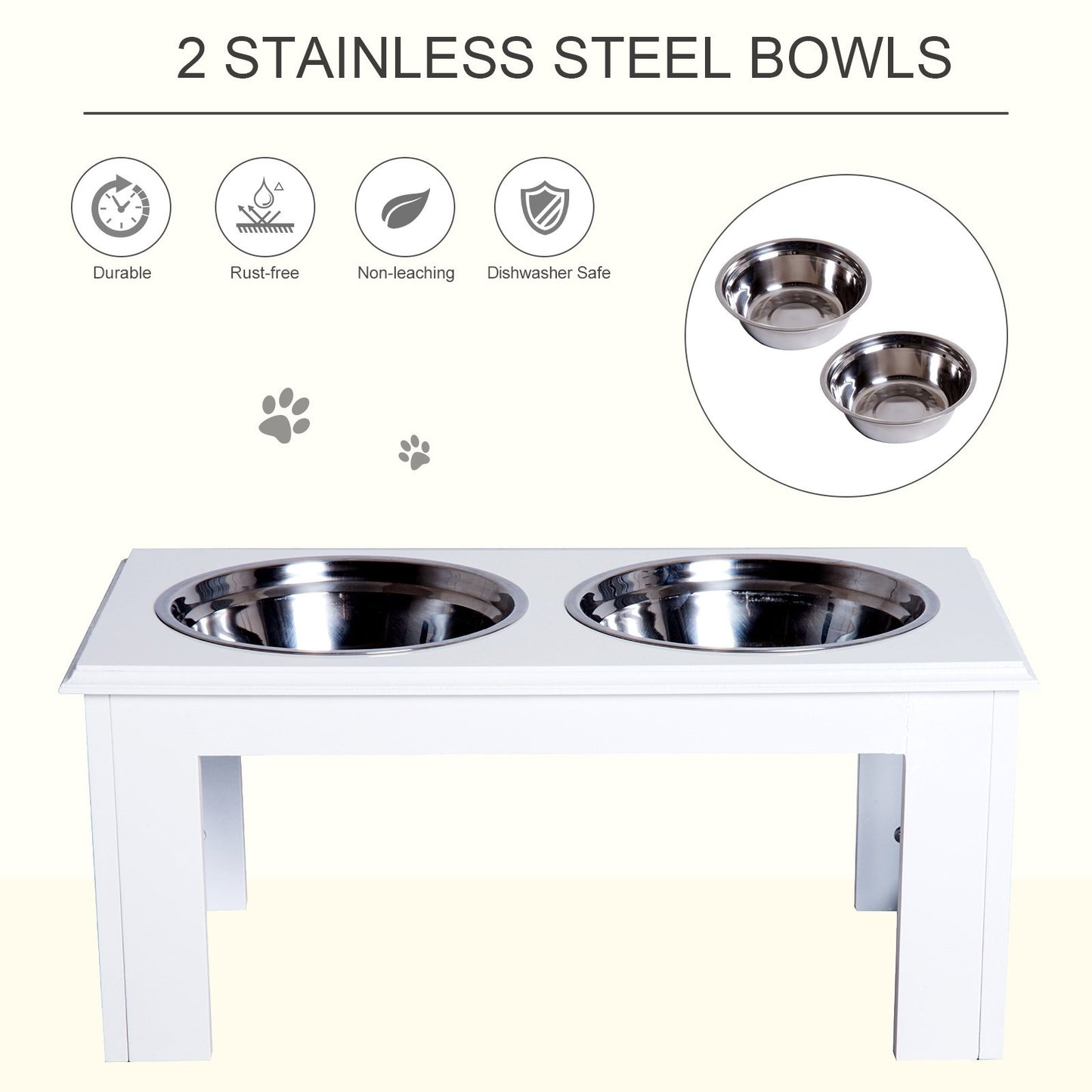 PawHut Stainless Steel Raised Dog Feeding Bowls with Stand for Small Medium Dogs Elevated Twin Pet Bowls Water Food Feeder 58.4L x 30.5W x 25.4H cm - White - Baig Merchant