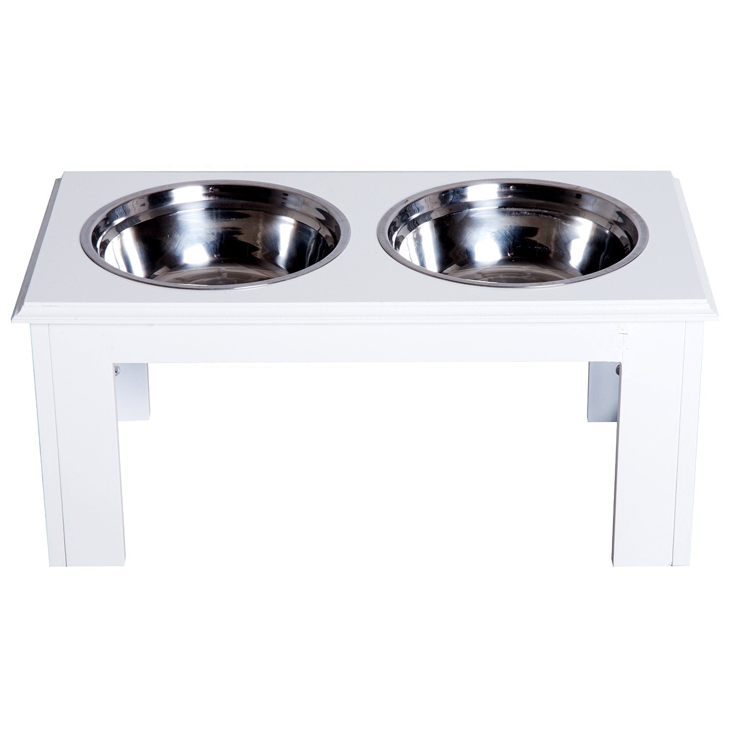 PawHut Stainless Steel Raised Dog Feeding Bowls with Stand for Small Medium Dogs Elevated Twin Pet Bowls Water Food Feeder 58.4L x 30.5W x 25.4H cm - White - Baig Merchant