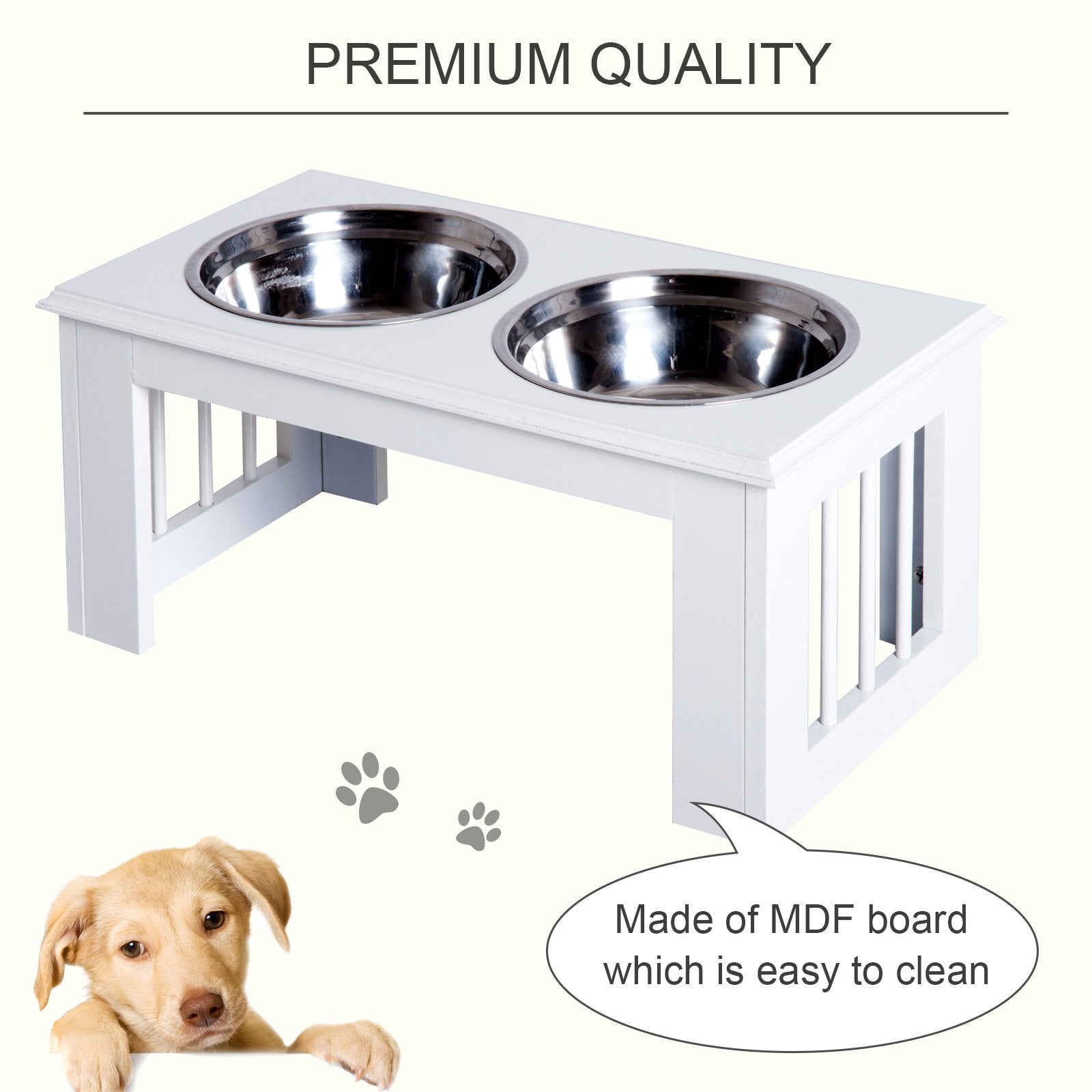 PawHut Stainless Steel Raised Dog Feeding Bowls with Stand for Small Medium Dogs Elevated Twin Pet Bowls Water Food Feeder 58.4L x 30.5W x 25.4H cm - White - Baig Merchant