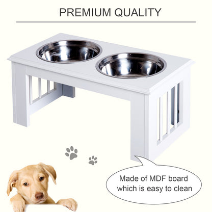 PawHut Stainless Steel Raised Dog Feeding Bowls with Stand for Small Medium Dogs Elevated Twin Pet Bowls Water Food Feeder 58.4L x 30.5W x 25.4H cm - White - Baig Merchant