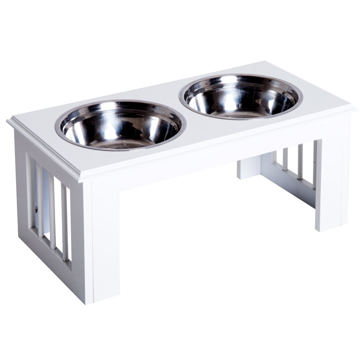 PawHut Stainless Steel Raised Dog Feeding Bowls with Stand for Small Medium Dogs Elevated Twin Pet Bowls Water Food Feeder 58.4L x 30.5W x 25.4H cm - White - Baig Merchant