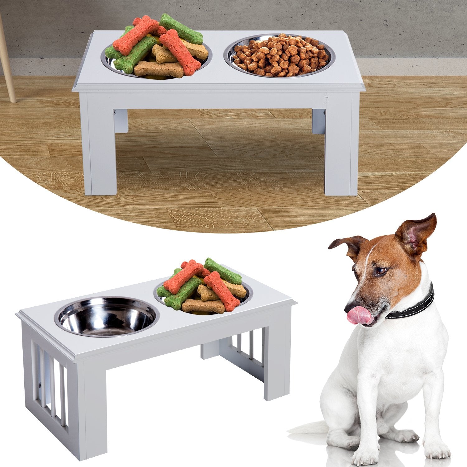 PawHut Stainless Steel Raised Dog Feeding Bowls with Stand for Small Medium Dogs Elevated Twin Pet Bowls Water Food Feeder 58.4L x 30.5W x 25.4H cm - White - Baig Merchant