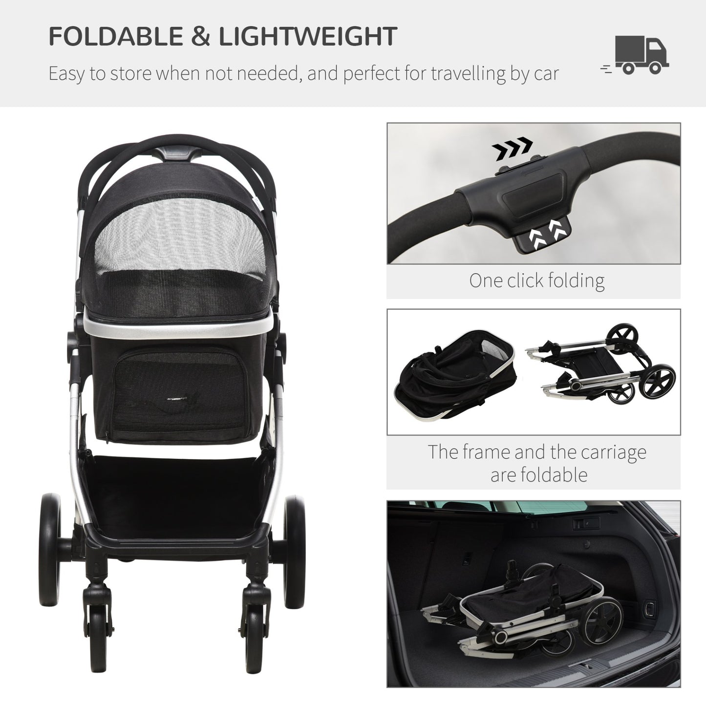 PawHut Three - In - One One - Click Foldable Pet Stroller, Detachable Dog Cat Travel Pushchair, Car Seat w/ EVA Wheels, Basket, Adjustable Canopy, Safety Leash, Cushion, for Small Pets - Black - Baig Merchant