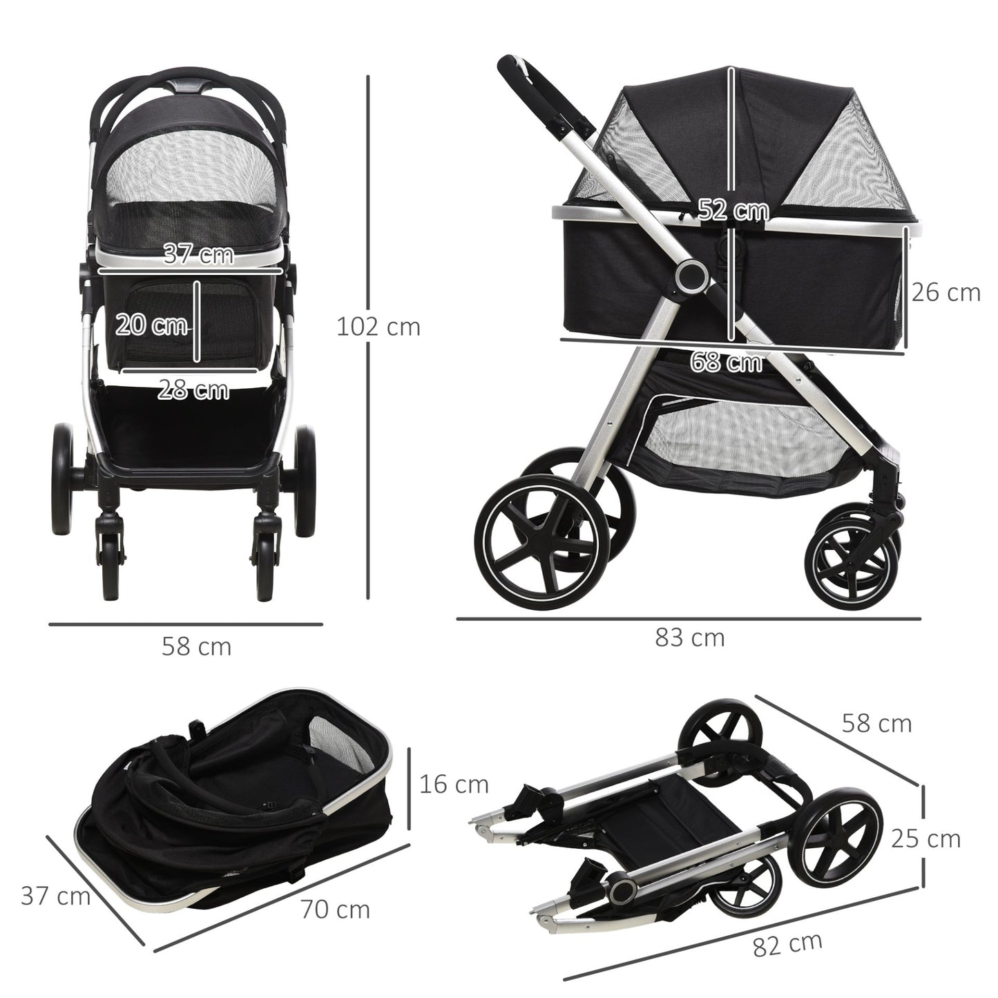 PawHut Three - In - One One - Click Foldable Pet Stroller, Detachable Dog Cat Travel Pushchair, Car Seat w/ EVA Wheels, Basket, Adjustable Canopy, Safety Leash, Cushion, for Small Pets - Black - Baig Merchant