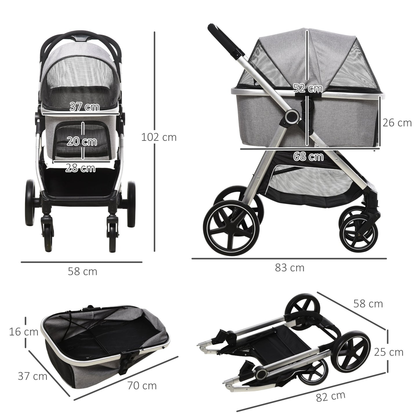 PawHut Three - In - One One - Click Foldable Pet Stroller, Detachable Dog Cat Travel Pushchair, Car Seat w/ EVA Wheels, Basket, Adjustable Canopy, Safety Leash, Cushion, for Small Pets - Grey - Baig Merchant