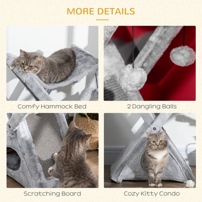 PawHut Two Tier Cat Tree for Indoor Cats Play Rest Activity Tower Plush Folding Relax Center w/ Scratching Post Hammock Pom Poms Grey - Baig Merchant