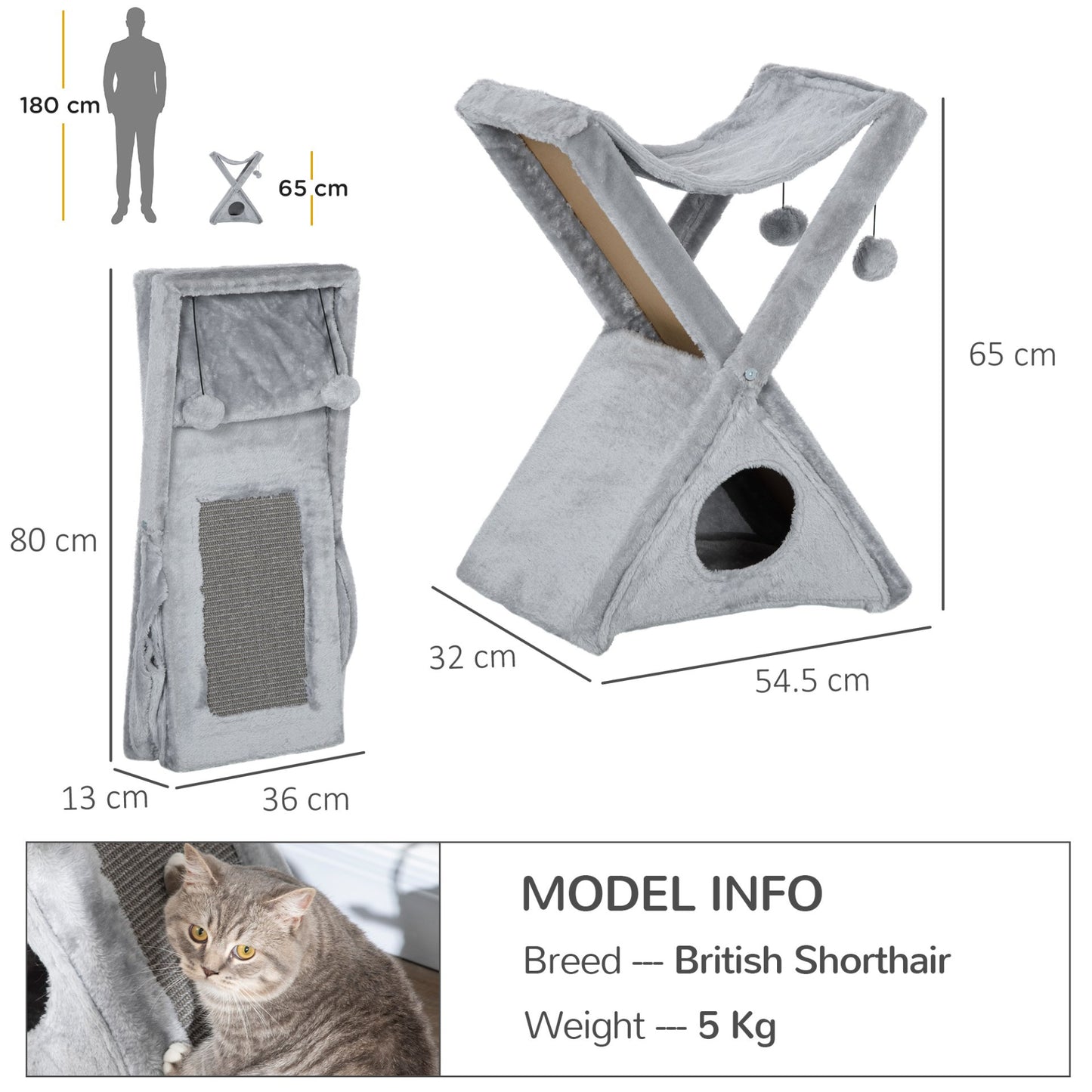 PawHut Two Tier Cat Tree for Indoor Cats Play Rest Activity Tower Plush Folding Relax Center w/ Scratching Post Hammock Pom Poms Grey - Baig Merchant