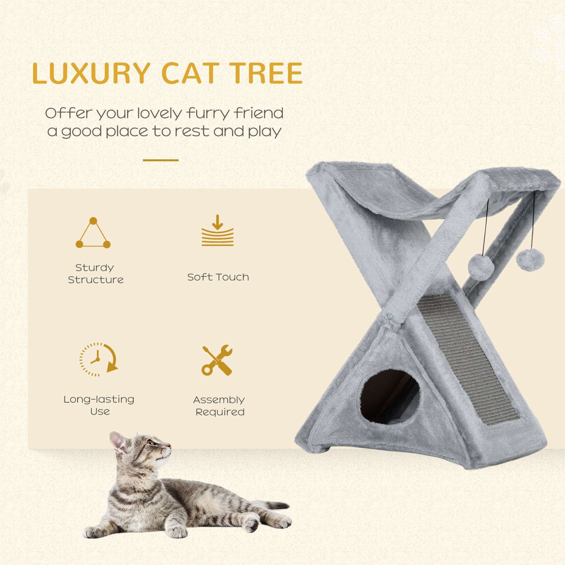 PawHut Two Tier Cat Tree for Indoor Cats Play Rest Activity Tower Plush Folding Relax Center w/ Scratching Post Hammock Pom Poms Grey - Baig Merchant