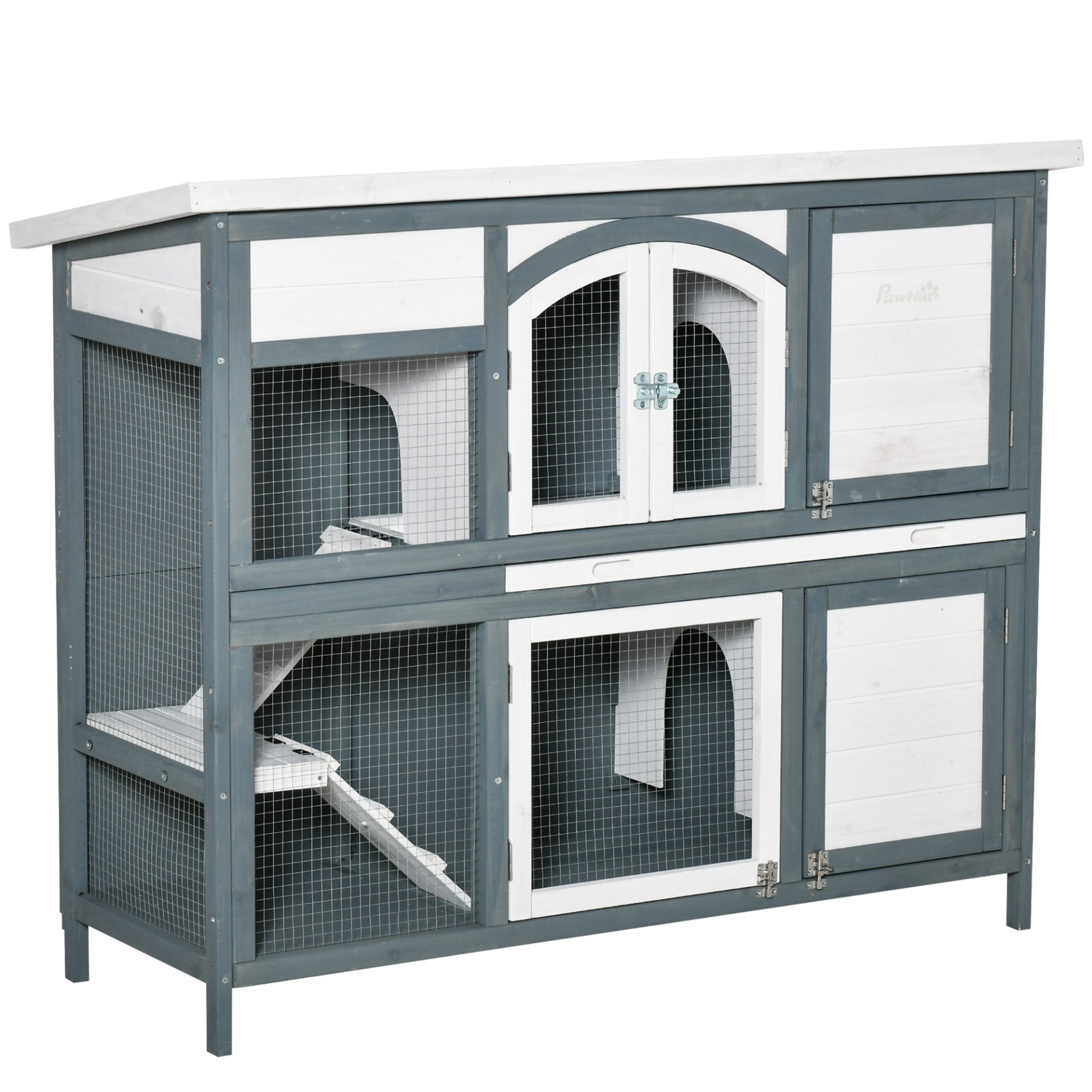 PawHut Two - Tier Wooden Rabbit Hutch Guinea Pig Cage w/ Openable Roof, Slide - Out Tray, Ramp - Grey - Baig Merchant