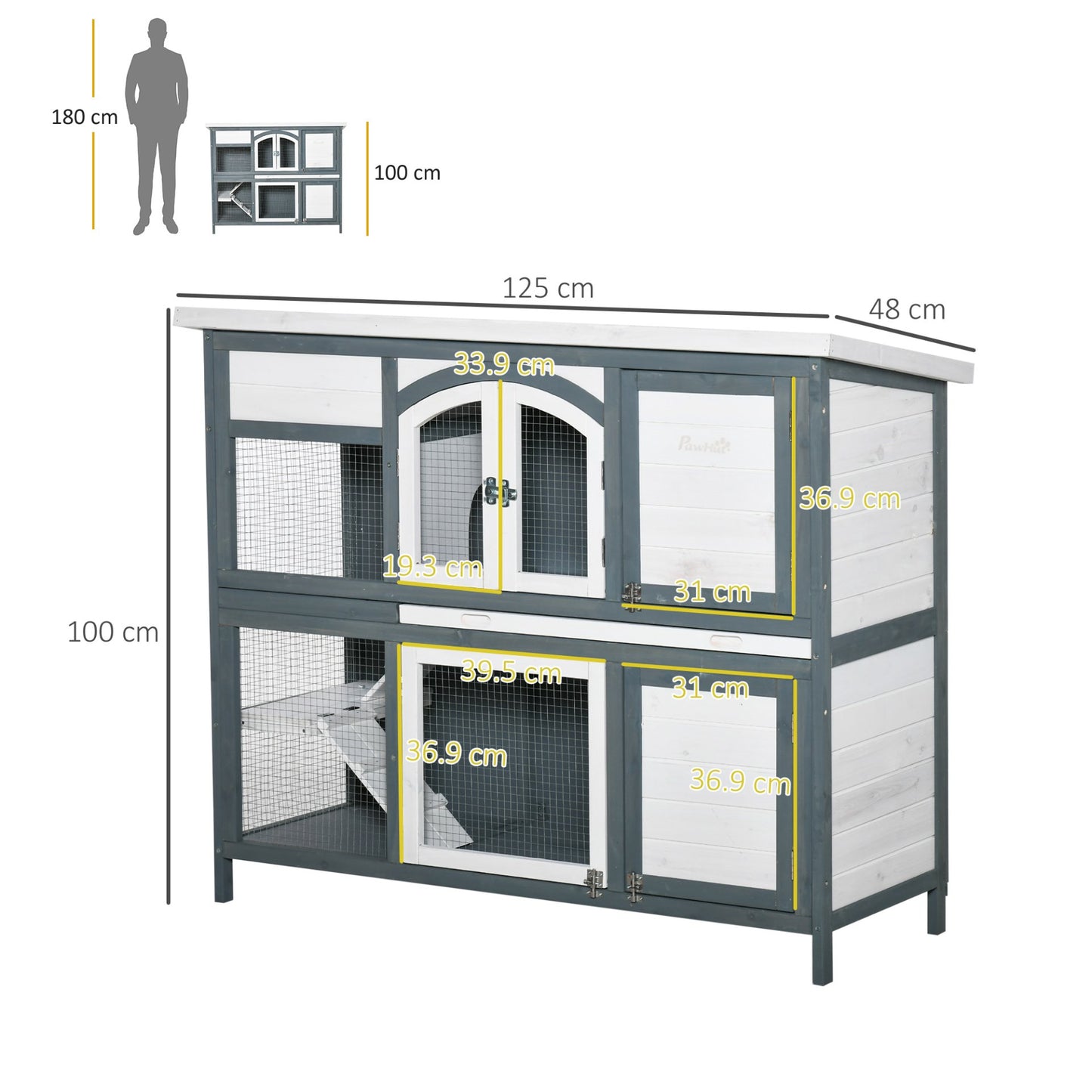 PawHut Two - Tier Wooden Rabbit Hutch Guinea Pig Cage w/ Openable Roof, Slide - Out Tray, Ramp - Grey - Baig Merchant