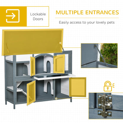 PawHut Two - Tier Wooden Rabbit Hutch Guinea Pig Cage w/ Openable Roof, Slide - Out Tray, Ramp - Grey - Baig Merchant