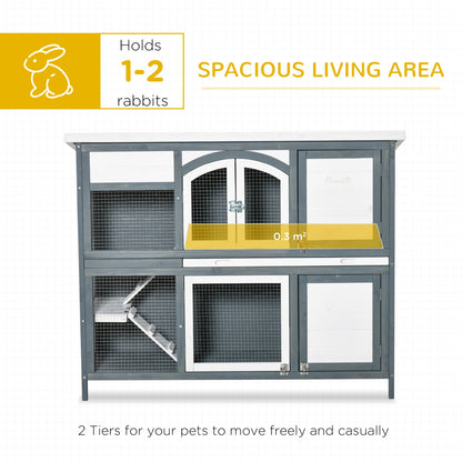 PawHut Two - Tier Wooden Rabbit Hutch Guinea Pig Cage w/ Openable Roof, Slide - Out Tray, Ramp - Grey - Baig Merchant