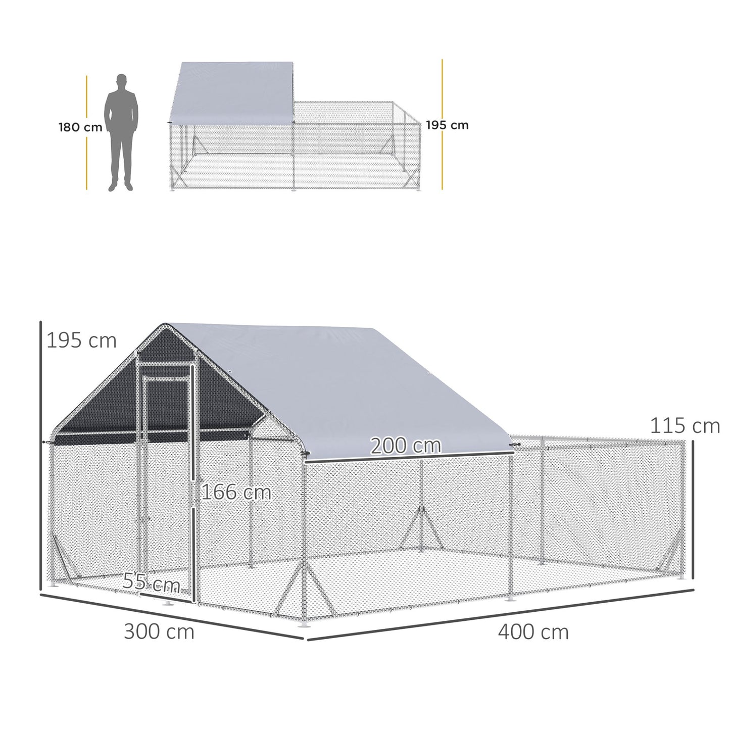 PawHut Walk - In Chicken Run, Galvanised Chicken Coop, Outdoor Hen House Poultry, Duck Rabbit Hutch, 4 x 3 x 2m - Baig Merchant