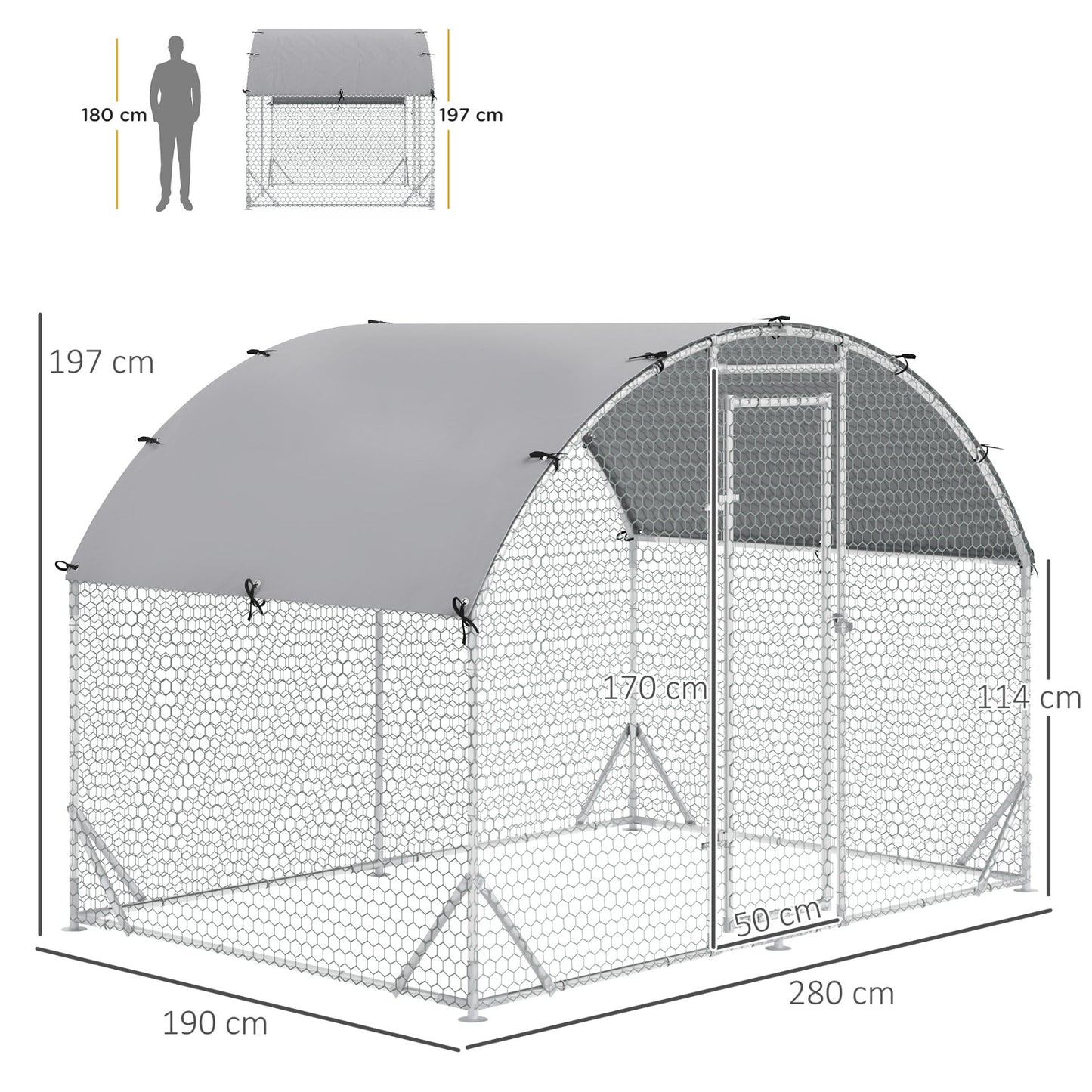 PawHut Walk - In Chicken Run Galvanized Chicken Coop Hen Poultry House Cage Rabbit Hutch Pet Playpen Backyard with Water - Resist Cover, 2.8 x 1.9 x 2m - Baig Merchant