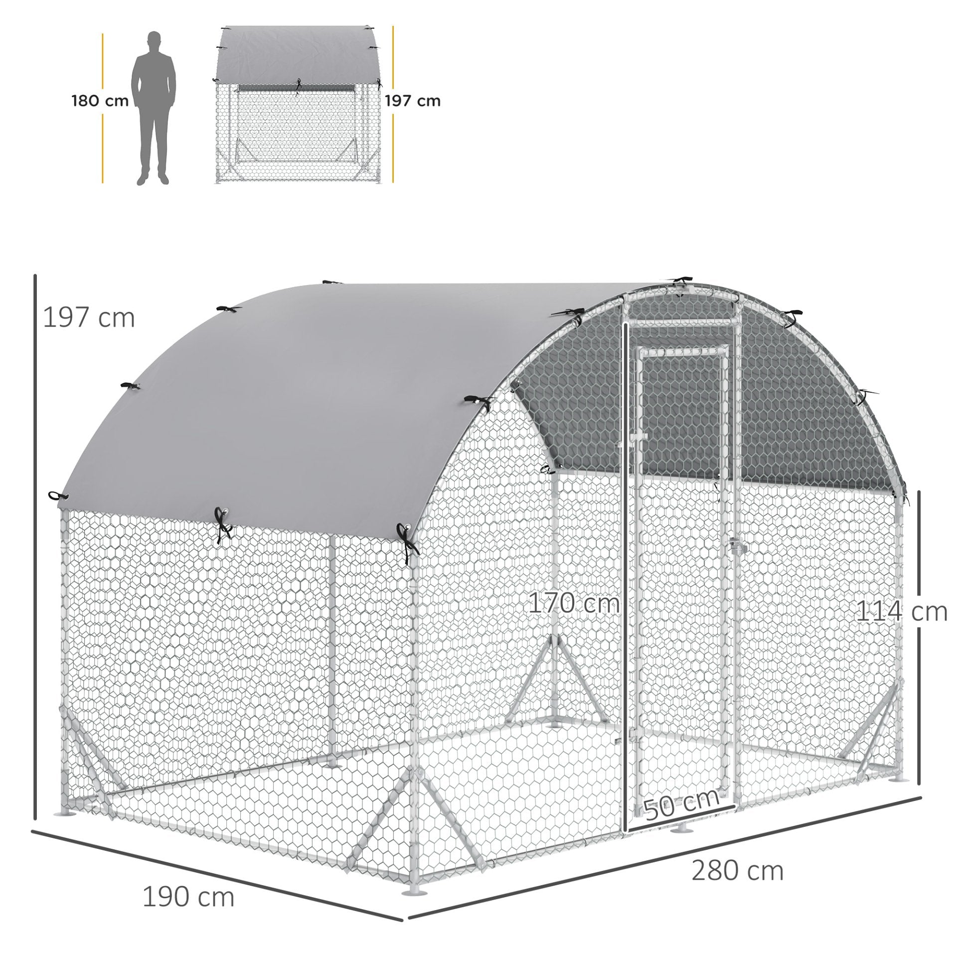 PawHut Walk - In Chicken Run Galvanized Chicken Coop Hen Poultry House Cage Rabbit Hutch Pet Playpen Backyard with Water - Resist Cover, 2.8 x 1.9 x 2m - Baig Merchant